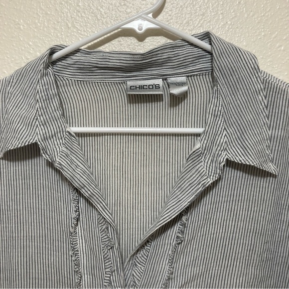 Chico's Blouse Ruffle Striped Button Up Shirt Blue White Long Sleeve Sz 3 Cotton - Picture 5 of 16